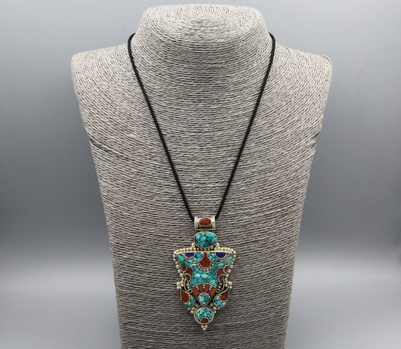 Vintage Pendant Necklace Coral Turquoise Tibetan … - image 2