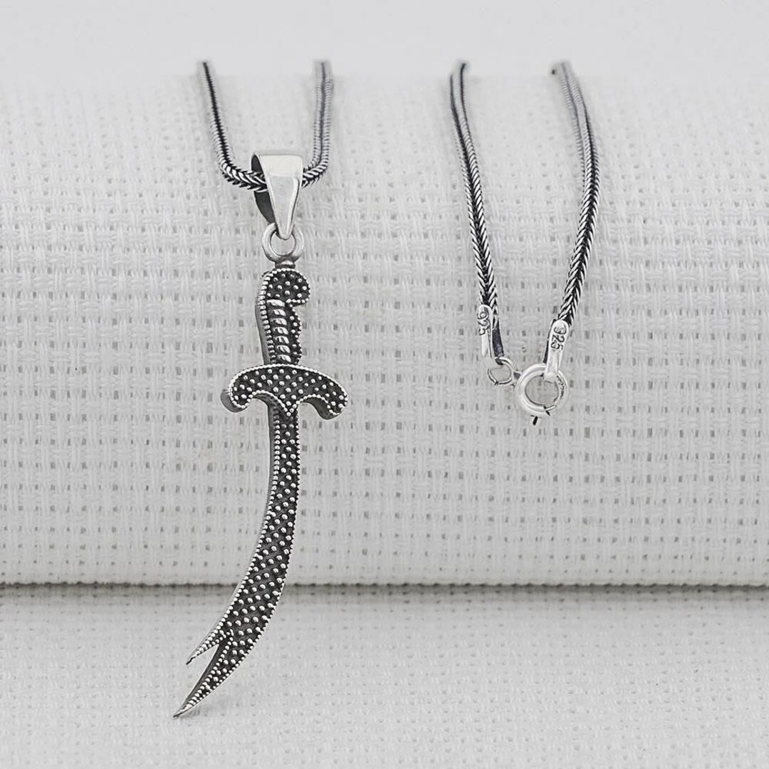 Dot Patterned Zulfiqar Sword Silver Pendant Necklace 925K
