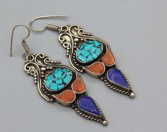 Turquoise Lapis Inlay Earrings: Nepal Ethnic Tribal Dangle Earrings
