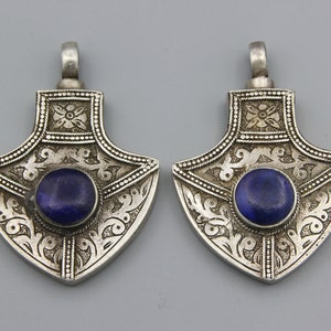 2 pcs Afghan 925K Silver Pendants Ethnic Tribal silver Afghan Jewelry Lapis lazuli Stone inlaid Pendants Turkmen Afghan Jewelry P571459