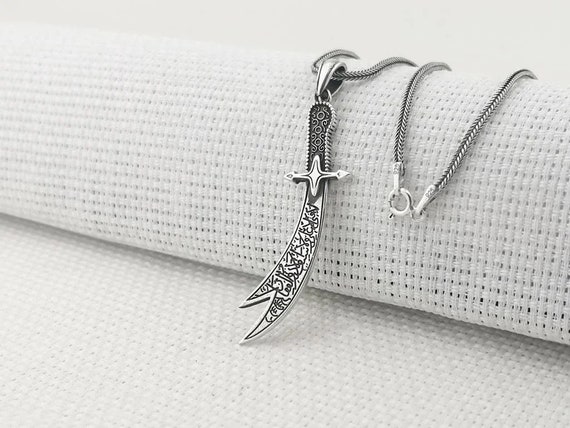 Zulfikar Sword 925 Sterling Silver Pendant Necklace Arabic Script
