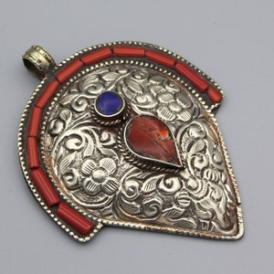 Vintage Carved Pendant Coral Lapis Tibetan Ethnic Tribal Handmade Unique Pendant gifts for her Birthday Gift Carved Workmanship P572592