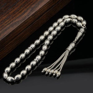 Large 925 Sterling Silver 33 Beads Islamic Prayer Beads, Tasbih, Tesbih, Tasbeeh, Misbaha, Rosary, Barley Cut Shiny workmanship B57910