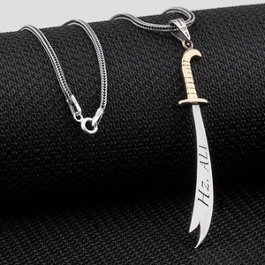 Prophet Ali Written Zulfiqar Sword Silver Pendant Necklace 925K Sterling Silver Zulfikar Necklace Prophet Ali written in Arabic P571983