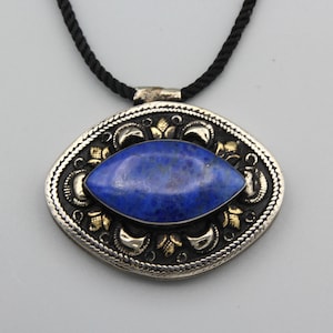 Vintage Lapis lazuli Pendant Necklace Afghan Ethnic Tribal Handmade Unique Pendant Necklace With black cord necklace gifts for her P572577