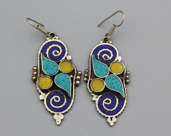 Turquoise Lapis Inlaid Earrings: Nepal Ethnic Tribal Boho Dangle