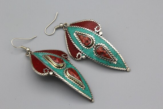 Nepal Ethnic Tribal Earrings - Coral Turquoise in… - image 1