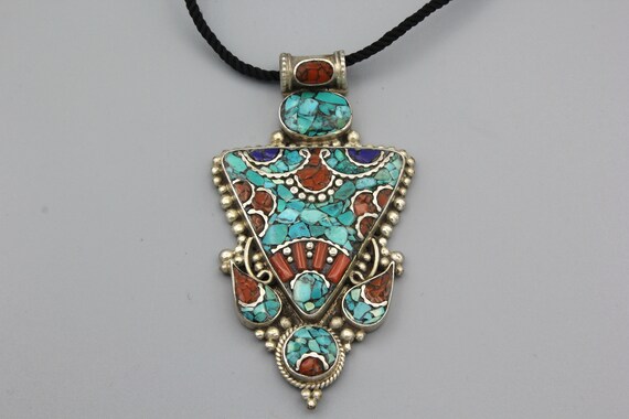 Vintage Pendant Necklace Coral Turquoise Tibetan … - image 4