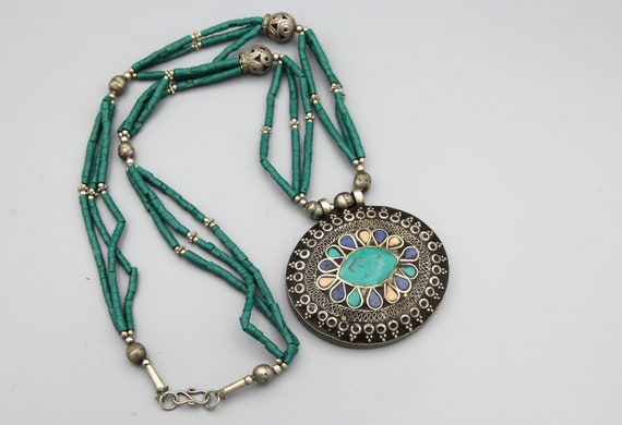 Vintage Afghan Turkmen Silver Beaded Necklace Eth… - image 1