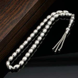 925 Sterling Silver 33 Beads Islamic Prayer Beads, Tasbih, Tesbih, Tasbeeh, Misbaha, Rosary, Barley Cut Shape Shiny workmanship B802
