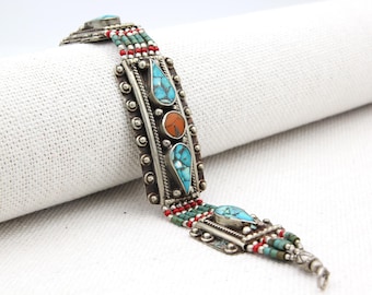 Pulsera de cuentas de coral turquesa tibetano hecha a mano, joyería étnica tribal