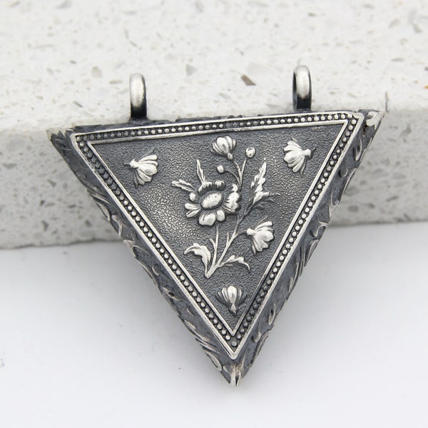 Triangle Taweez Locket - 925 Sterling Silver Pendant - Prayer Box Pendant - Flower Ornaments Taveez Holder Pendant Amulet Charm P57260
