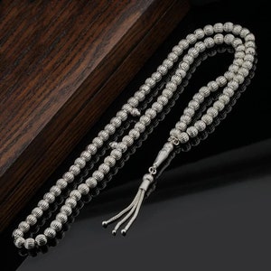 Small 925 Sterling Silver 99 Beads Islamic Prayer Beads, Tasbih, Tesbih, Tasbeeh, Misbaha, Rosary, Round Shape Striped Pure Silver B799