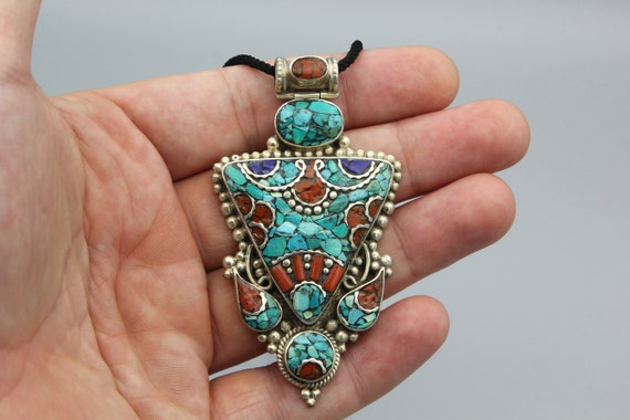Vintage Pendant Necklace Coral Turquoise Tibetan … - image 3