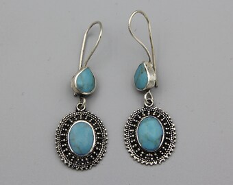 Vintage Turquoise Stone Drop Earrings: Afghan Tribal Boho Style
