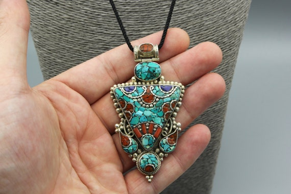 Vintage Pendant Necklace Coral Turquoise Tibetan … - image 10