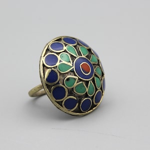 Vintage Kuchi Ring: Afghan Tribal Enamel Inlay, Size 9