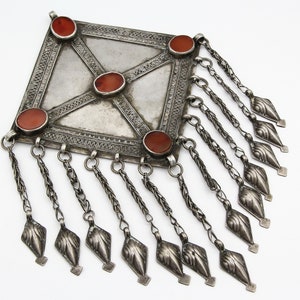 vintage Turkmen Silver Pendant Ethnic Tribal Pendant Turkmenistan Ersari Tribe Traditional Jewelry Red Agate Stone inlaid Pendant P57620