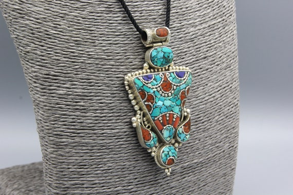 Vintage Pendant Necklace Coral Turquoise Tibetan … - image 9