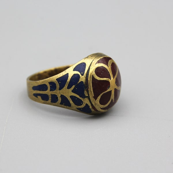 Vintage Afghan Ring - Kuchi Ethnic Tribal hand made ring - hand crafted Ring Boho & Gypsy Ring Blue Green Enamel Ring Size 10 US R6127789