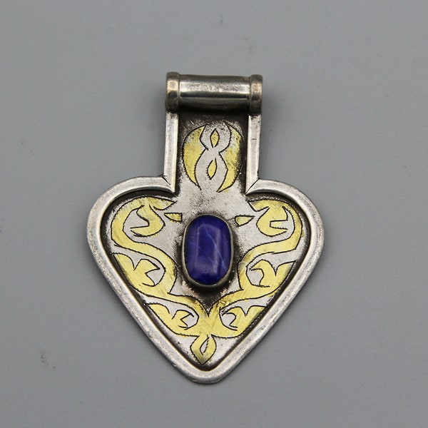 Vintage Turkoman Silver Pendant Turkmen Jewelry Partial Gold Wash Gold Gilded Heart Shape Asyk Lapis lazuli Stone inlaid pendant P571959