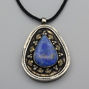 Vintage Lapis lazuli Pendant Necklace Afghan Ethnic Tribal Handmade Unique Pendant Necklace With black cord necklace gifts for her P572575