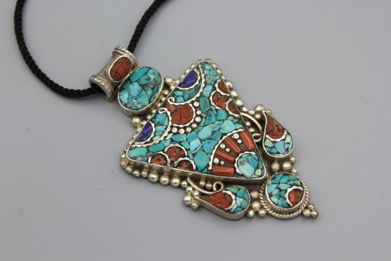 Vintage Pendant Necklace Coral Turquoise Tibetan … - image 1