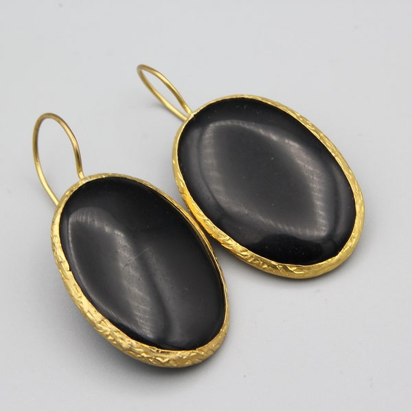 Turkish Earrings hand made oval drop earrings Partial Gold Wash Earrings Belly Dance Large Earrings Black Onyx Glass Bead Earrings E5046707