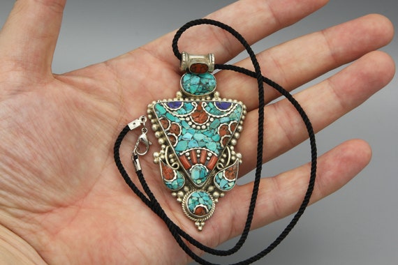 Vintage Pendant Necklace Coral Turquoise Tibetan … - image 8