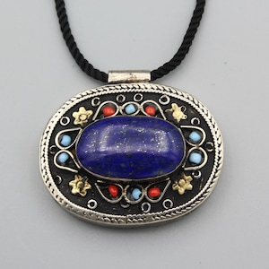 Vintage Lapis lazuli Pendant Necklace Afghan Ethnic Tribal Handmade Unique Pendant Necklace With black cord necklace gifts for her P572573