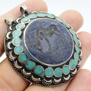 Vintage Afghan Silver Pendant Animal intaglio Carved Ethnic Tribal pendant Afghan Jewelry Gifts for Her Lapis lazuli Stone inlaid P57688