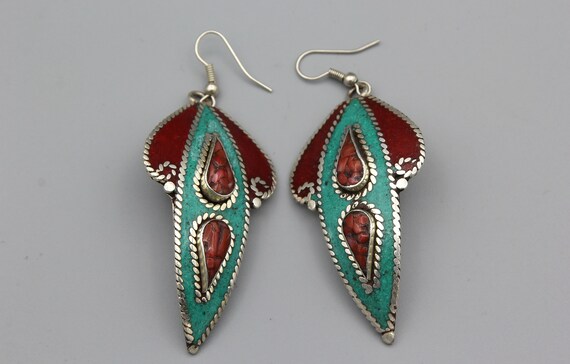 Nepal Ethnic Tribal Earrings - Coral Turquoise in… - image 3
