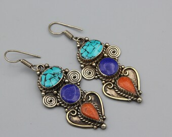 Turquoise Lapis Dangle Earrings: Nepal Ethnic Tibetan Silver Boho Earrings