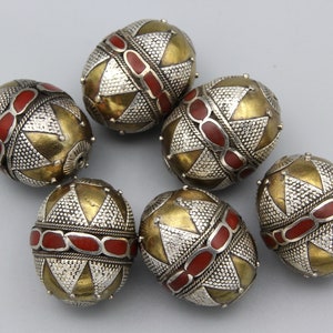 6 pcs Kazakh Style Silver Beads Ethnic Tribal Oval beads jewelry making jewelry supplies red enamel Partial Gold Wash 28x23mm Beads B590953