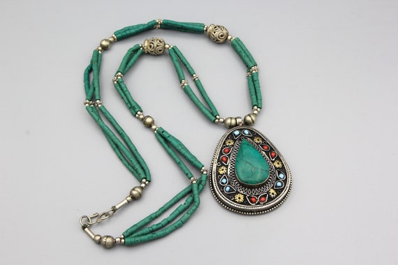 Vintage Afghan Turkmen Silver Beaded Necklace Eth… - image 1