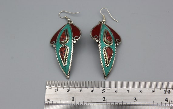 Nepal Ethnic Tribal Earrings - Coral Turquoise in… - image 5
