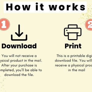 Puede incluir: Ilustraci&oacute;n que muestra c&oacute;mo descargar e imprimir un archivo digital. Paso 1: Descargar. No recibir&aacute;s un producto f&iacute;sico por correo. Una vez que se complete tu compra, podr&aacute;s descargar el archivo. Paso 2: Imprimir. Este es un archivo digital descargable e imprimible. No recibir&aacute;s un producto f&iacute;sico por correo.