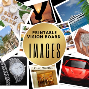 Puede incluir: Tablero de visión imprimible con imágenes de un reloj de lujo, un coche deportivo rojo, un anillo de diamantes, un yate, una ciudad, una tienda Louis Vuitton, una pareja cogida de la mano al atardecer, un cóctel y las palabras "Self Care".