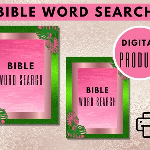 Puede incluir: Puzzle de búsqueda de palabras de la Biblia imprimible digital con un tema tropical rosa y verde. El texto "BIBLE WORD SEARCH" se muestra en negrita negra.