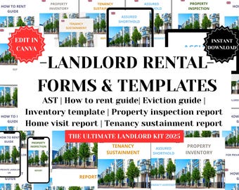 May include: A digital product listing for a Landlord Rental Forms & Templates kit. The kit includes forms for AST, How to Rent Guide, Eviction Guide, Inventory Template, Property Inspection Report, Home Visit Report, and Tenancy Sustainment Report. The kit is described as "The Ultimate Landlord Kit 2025".