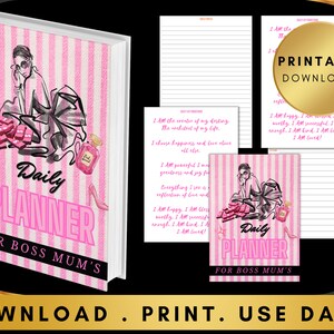 Puede incluir: Planificador diario imprimible con rayas rosas y blancas, una ilustración en blanco y negro de una mujer y el texto "Daily Planner for Boss Mum's".