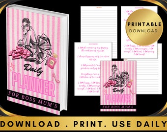 May include: Printable daily planner with pink and white stripes, a black and white illustration of a woman, and the text "Daily Planner for Boss Mum's".