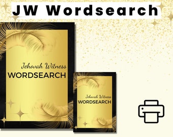 May include: Two printable gold and black word search puzzles with the text "Jehovah Witness WORDSEARCH" on a white background with gold glitter.