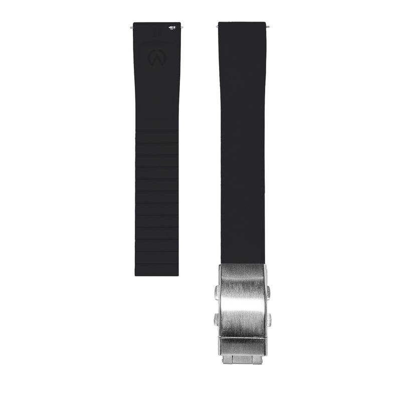 May include: A black watch strap with a silver buckle. The strap is made of a smooth, rubber-like material.