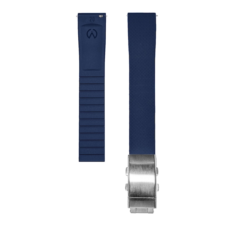 May include: A dark blue silicone watch strap with a silver buckle. The strap has a textured surface and the buckle has a brushed finish.