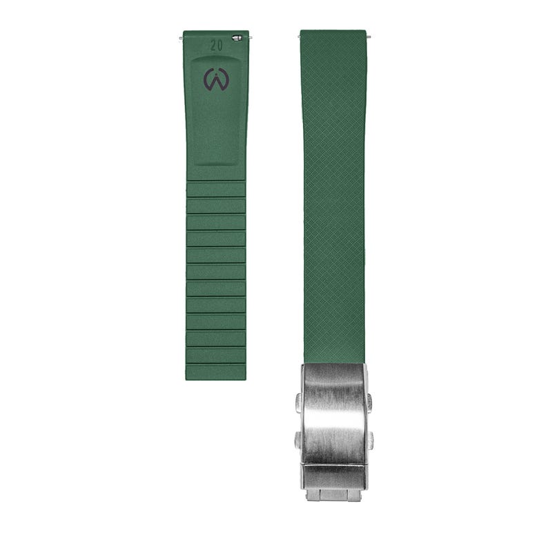 May include: A green watch strap with a silver buckle. The strap is made of rubber and has a textured surface. The buckle has a smooth surface and is made of metal.