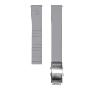 May include: A gray watch strap with a silver buckle. The strap is made of a textured material and has a smooth finish. The buckle is made of metal and has a polished finish.