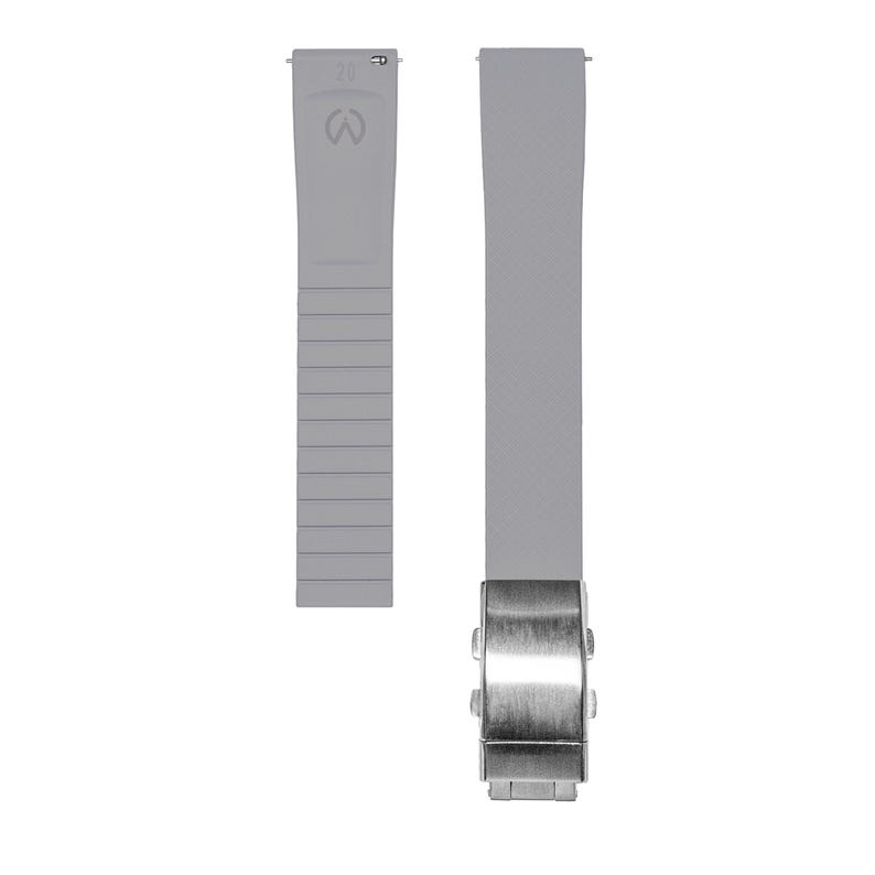 May include: A gray watch strap with a silver buckle. The strap is made of a textured material and has a smooth finish. The buckle is made of metal and has a polished finish.