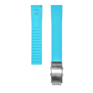 May include: A light blue watch strap with a silver buckle. The strap has a textured surface and the buckle has a polished finish.