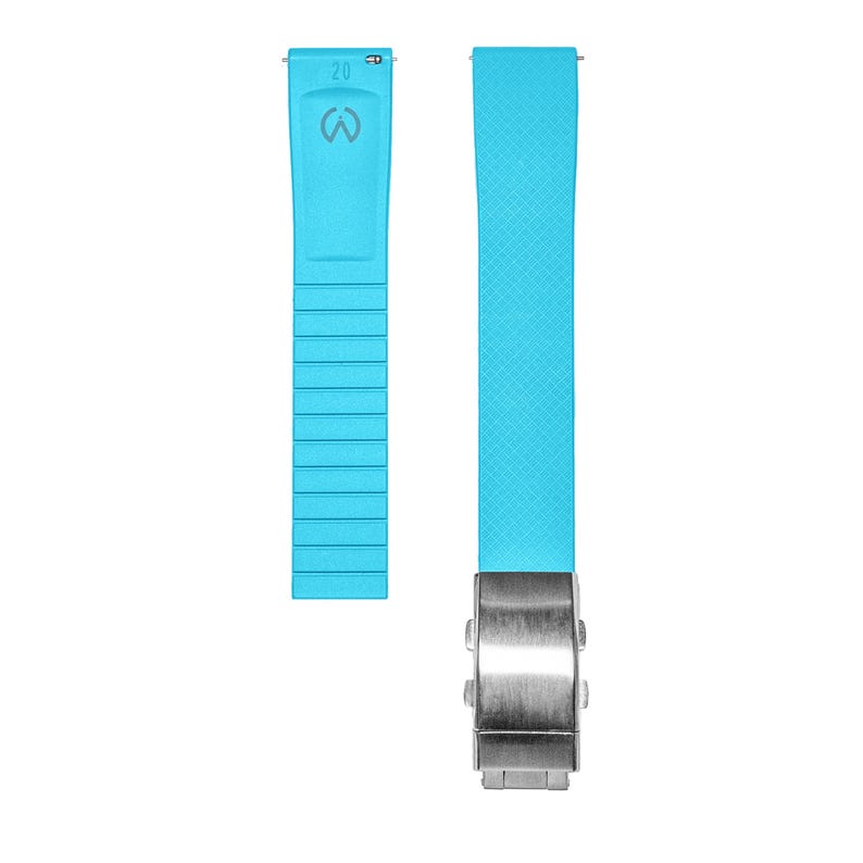 May include: A light blue watch strap with a silver buckle. The strap has a textured surface and the buckle has a polished finish.